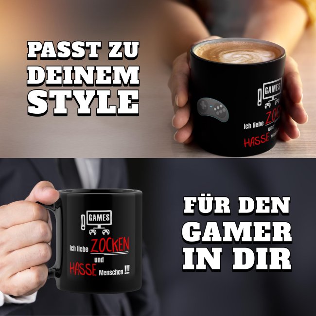 Schwarze Tasse mit Gamer-Spruch - Ich liebe Zocken &amp; hasse Menschen