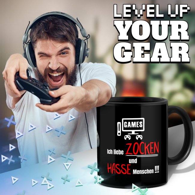 Schwarze Tasse mit Gamer-Spruch - Ich liebe Zocken &amp; hasse Menschen