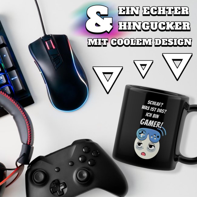 Schwarze Tasse mit Gamer-Spruch - Was ist Schlaf? Ich bin Gamer