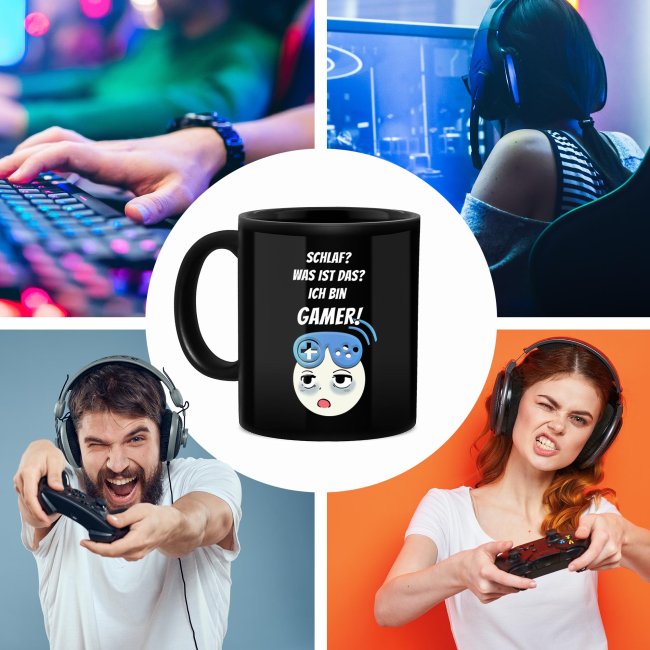 Schwarze Tasse mit Gamer-Spruch - Was ist Schlaf? Ich bin Gamer