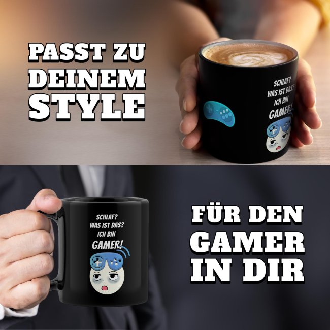 Schwarze Tasse mit Gamer-Spruch - Was ist Schlaf? Ich bin Gamer