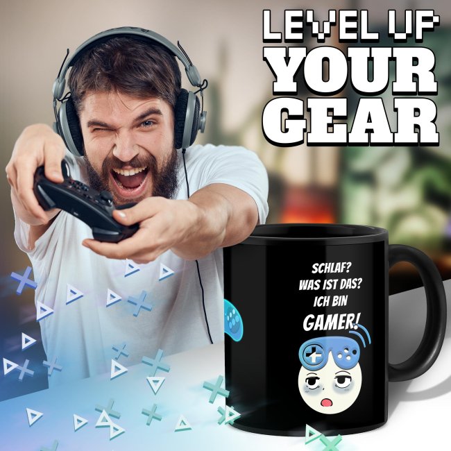 Schwarze Tasse mit Gamer-Spruch - Was ist Schlaf? Ich bin Gamer