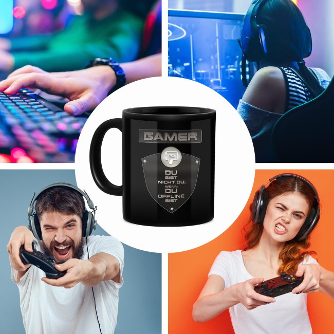 Schwarze Tasse mit Gamer-Spruch - Du bist nicht du, wenn du offline bist