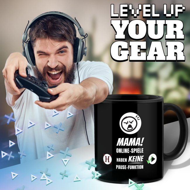 Schwarze Tasse mit Gamer-Spruch - Online Spiele haben keine Pause-Funktion