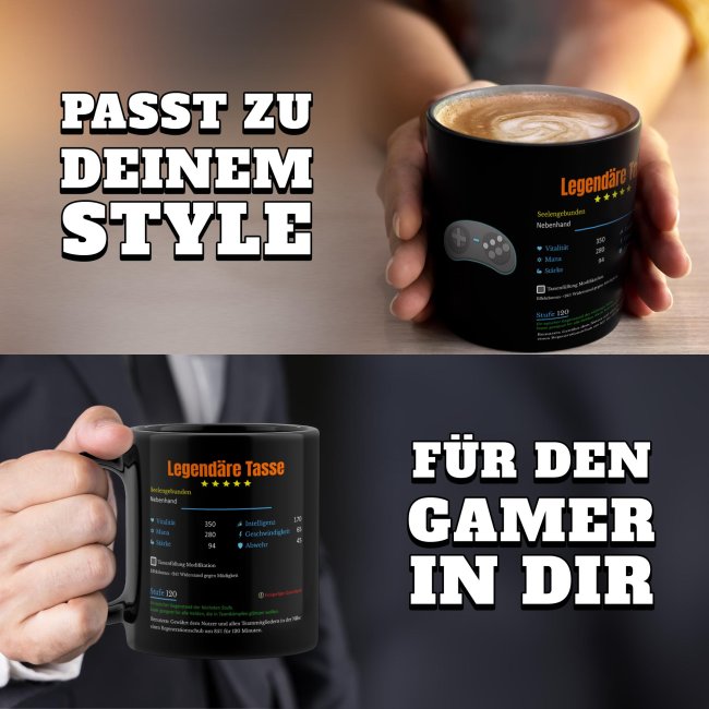 Schwarze Tasse mit Gamer-Spruch - Legend&auml;re Tasse