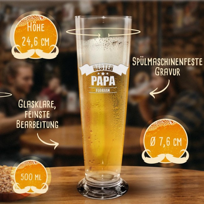 Graviertes Bierglas mit Name - Bester Papa - 500 ml