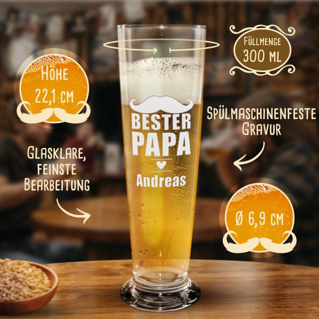 Graviertes Bierglas mit Name - Bester Papa, Herz - 300 ml