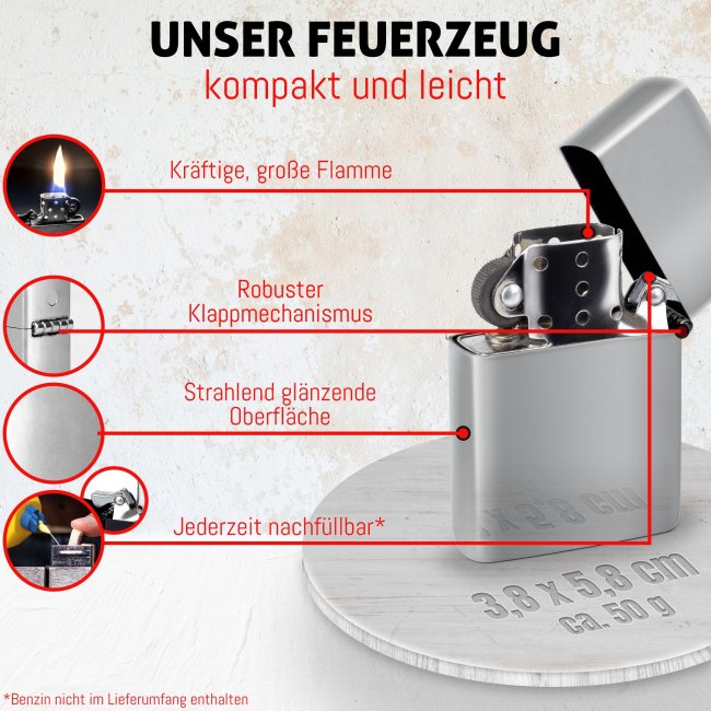 Benzin-Feuerzeug mit Gravur beschriften in Silber