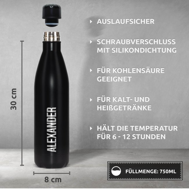 Edelstahl-Trinkflasche mit Namensgravur - schwarz matt - 750 ml