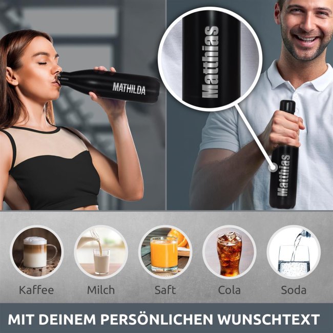 Edelstahl-Trinkflasche mit Namensgravur - schwarz matt - 750 ml