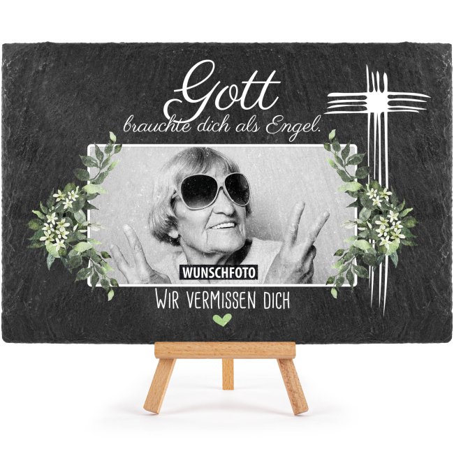 Schieferplatte mit Trauerbild - Gott brauchte Dich als Engel