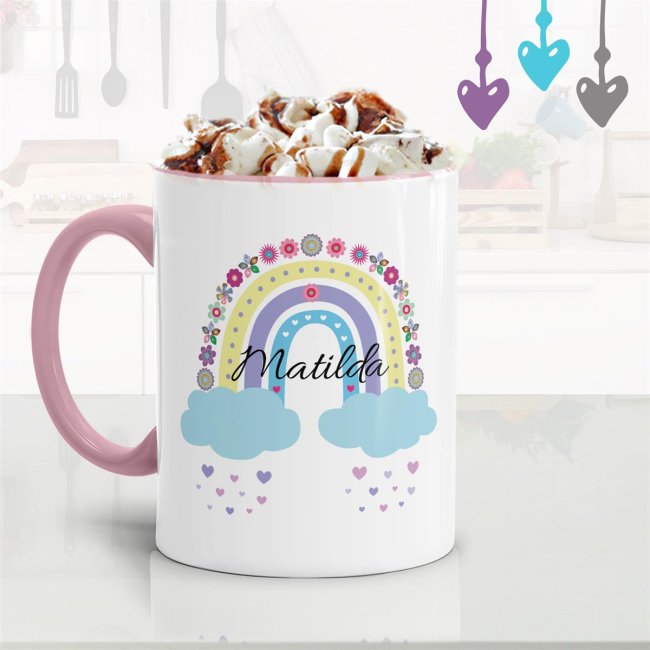 Tasse mit Name - Regenbogen Blumen