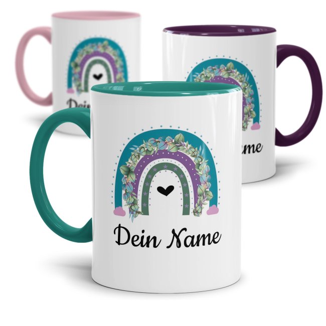 Tasse mit Name - Regenbogen t&uuml;rkis/violett