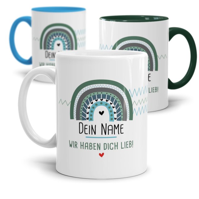 Tasse mit Name - Regenbogen blau/gr&uuml;n - Wir haben dich lieb