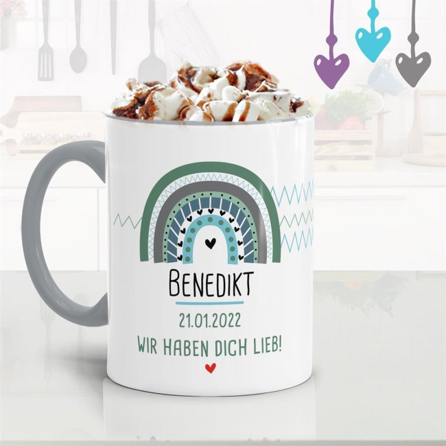 Tasse mit Name und Datum - Regenbogen, Blau wir haben dich lieb -