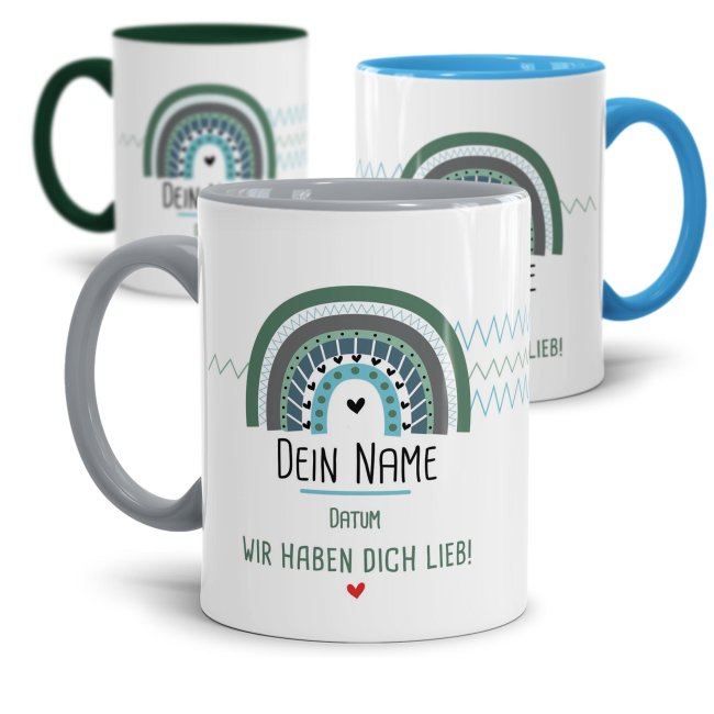 Tasse mit Name und Datum - Regenbogen, Blau wir haben dich lieb -