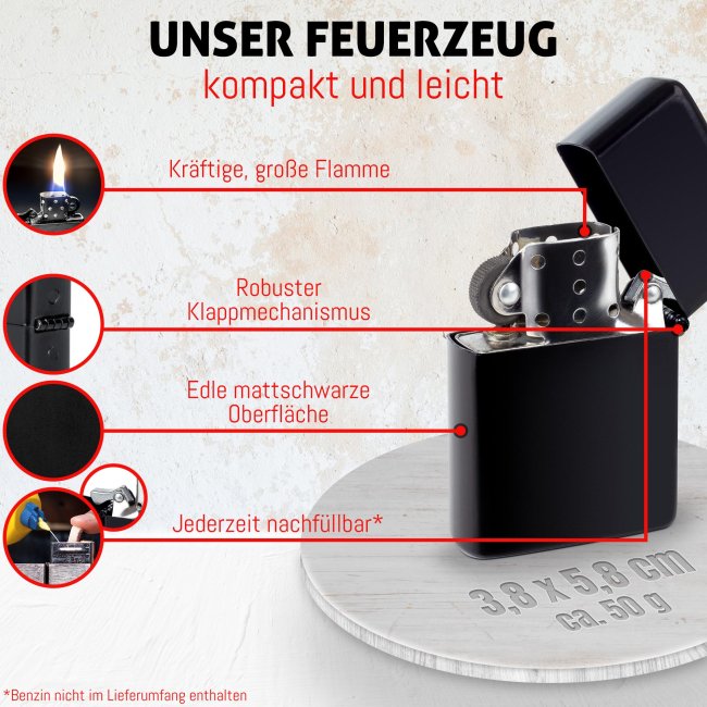 Benzin-Feuerzeug - Limited Edition - Schwarz - mit Name und Datum