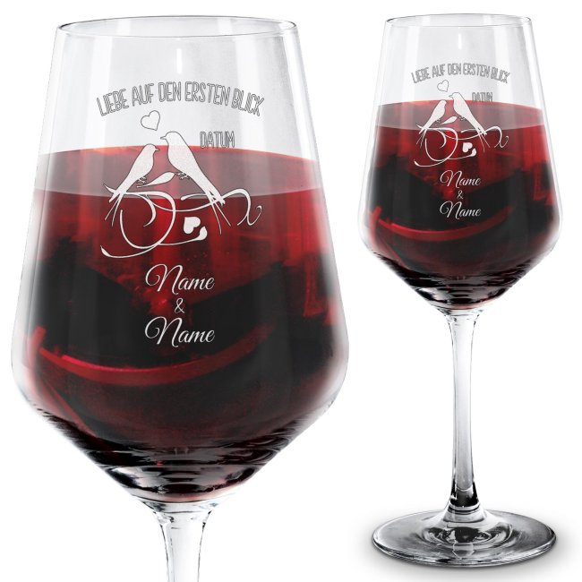 Rotweinglas - Liebe auf den ersten Blick - mit Namen und Datum