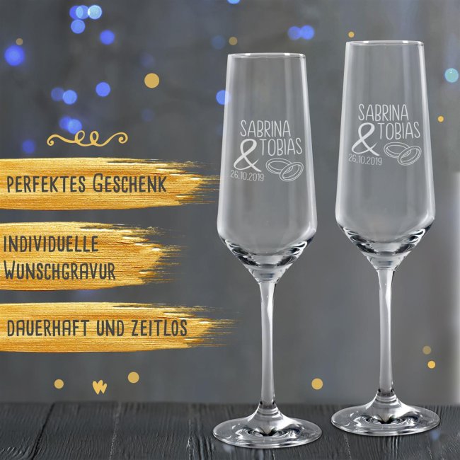Sektglas mit Gravur - Ringe - mit Namen und Datum