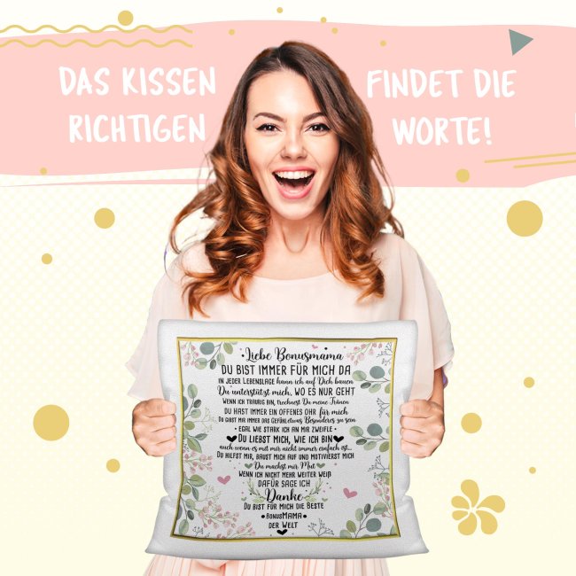 Kissen mit Spruch f&uuml;r Bonusmama - Danke Bonusmama Farbkissen R&uuml;ckseite Gr&uuml;n