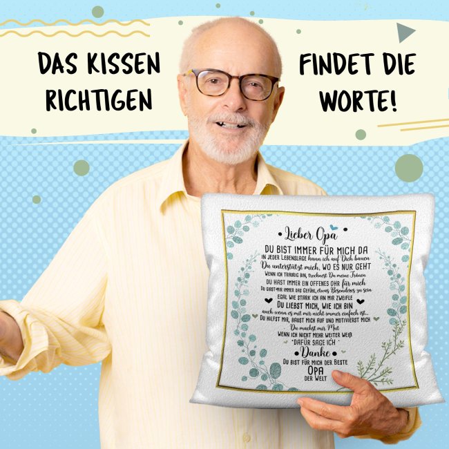 Kissen mit Spruch f&uuml;r Opa - Danke Opa Kissen Wei&szlig; flauschig