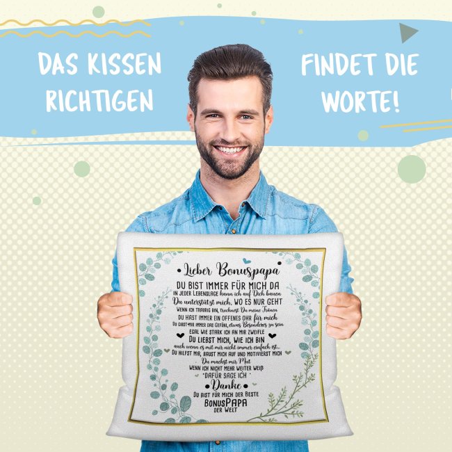 Kissen mit Spruch f&uuml;r Bonuspapa - Danke Bonuspapa Farbkissen R&uuml;ckseite Hellblau