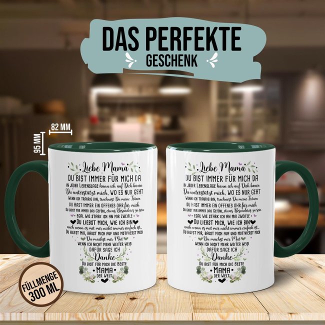 Keramik Tasse - Danke Mama Innen &amp; Henkel Dunkelgr&uuml;n