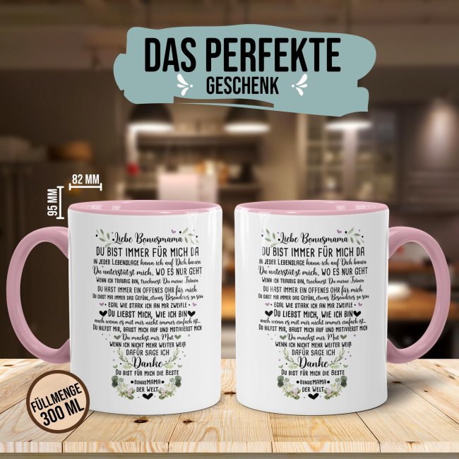 Keramik Tasse - Danke Bonusmama Innen &amp; Henkel Rosa