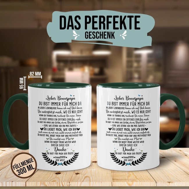 Keramik Tasse - Danke Bonuspapa Innen &amp; Henkel Dunkelgr&uuml;n