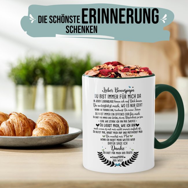 Keramik Tasse - Danke Bonuspapa Innen &amp; Henkel Dunkelgr&uuml;n