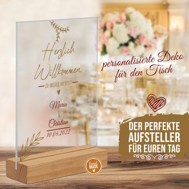 Acrylaufsteller als Tischdeko zur Hochzeit personalisierbar mit Namen und Datum