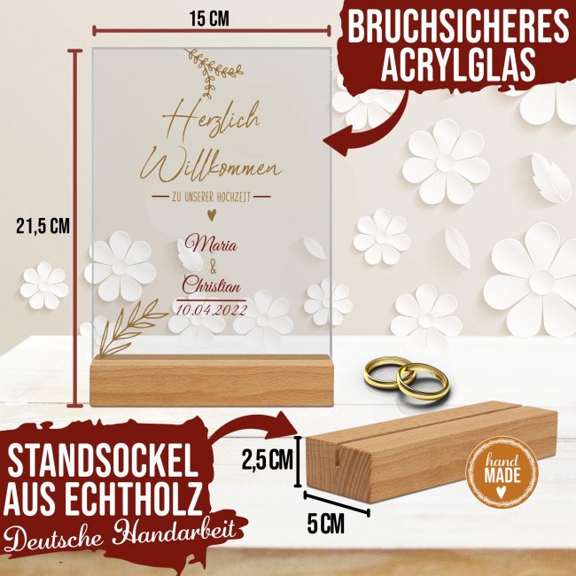 Acrylaufsteller als Tischdeko zur Hochzeit personalisierbar mit Namen und Datum