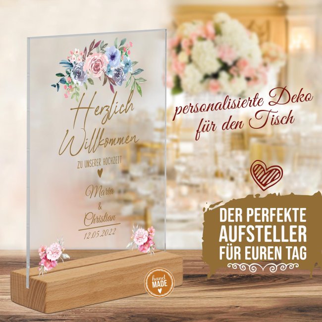 Acrylaufsteller als Tischdeko zur Hochzeit - Blumen - mit Namen und Datum