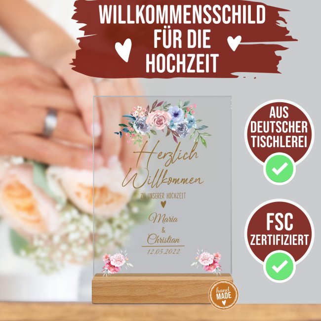 Acrylaufsteller als Tischdeko zur Hochzeit - Blumen - mit Namen und Datum