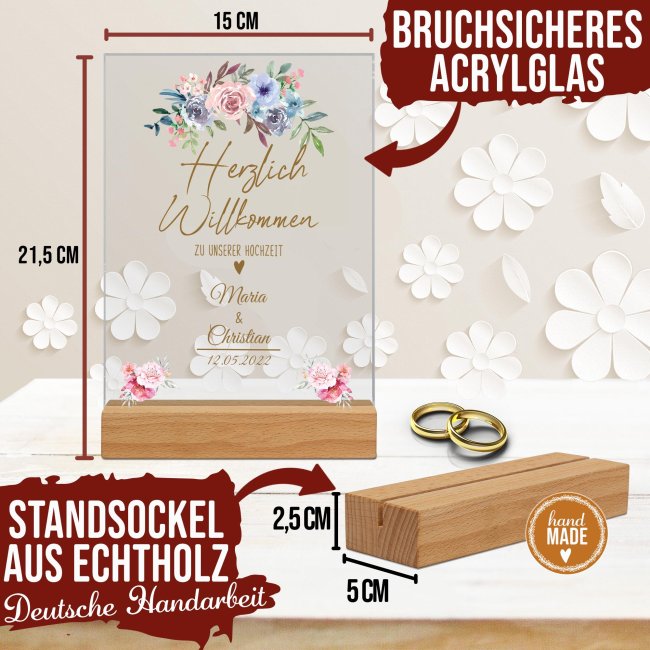 Acrylaufsteller als Tischdeko zur Hochzeit - Blumen - mit Namen und Datum