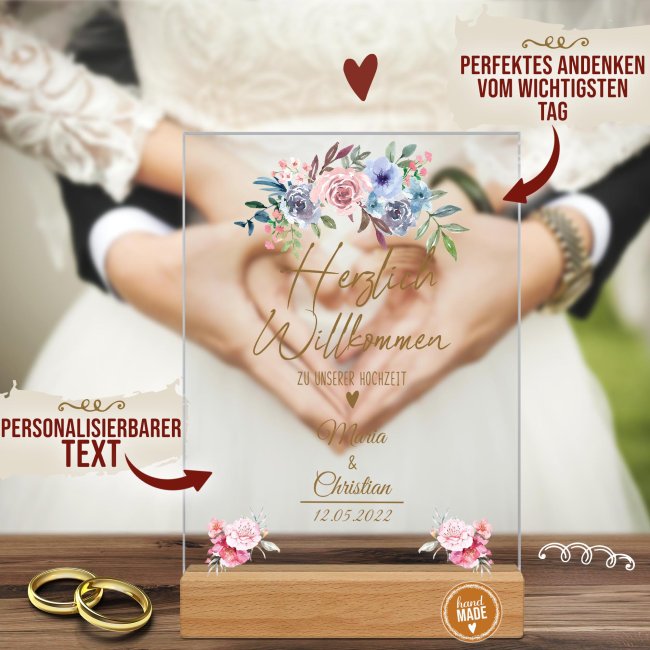 Acrylaufsteller als Tischdeko zur Hochzeit - Blumen - mit Namen und Datum