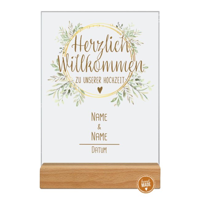 Acrylaufsteller als Tischdeko zur Hochzeit - Blumenkranz - mit Namen und Datum