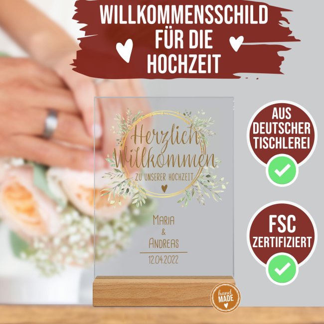 Acrylaufsteller als Tischdeko zur Hochzeit - Blumenkranz - mit Namen und Datum