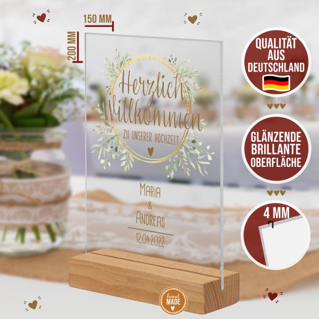 Acrylaufsteller als Tischdeko zur Hochzeit - Blumenkranz - mit Namen und Datum