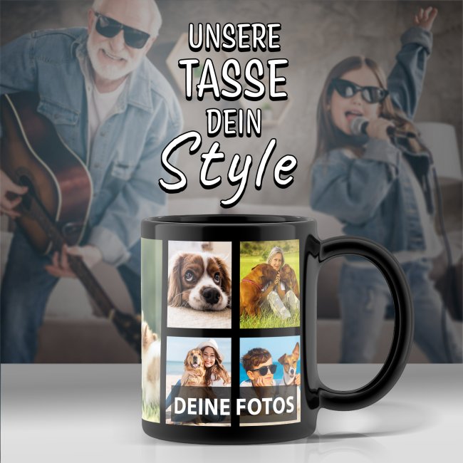 Schwarze Tasse mit Fotocollage - verschiedene Designs