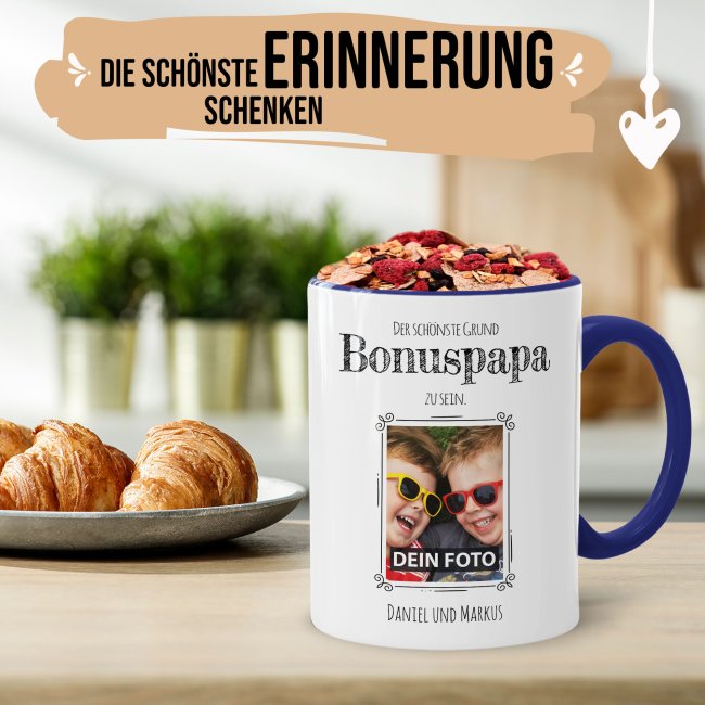 Fototasse f&uuml;r den Bonuspapa - Der sch&ouml;nste Grund Bonuspapa zu sein - Dunkelblau