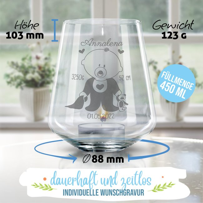 Windlicht mit Gravur zur Geburt - Baby mit Geburtsdaten