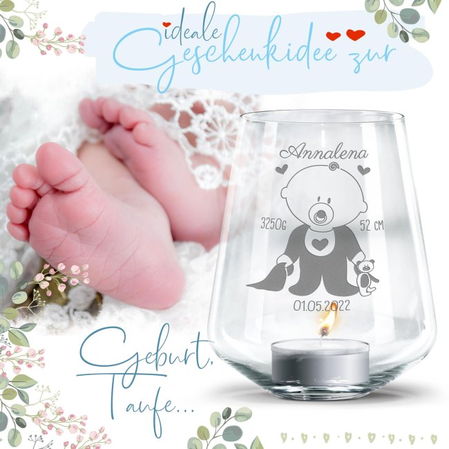 Windlicht mit Gravur zur Geburt - Baby mit Geburtsdaten