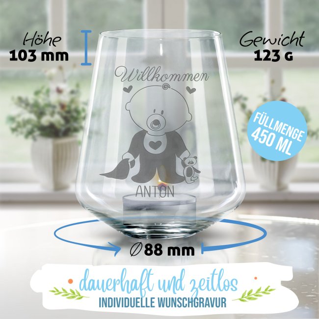 Windlicht mit Gravur zur Geburt - Willkommen Baby - mit Name