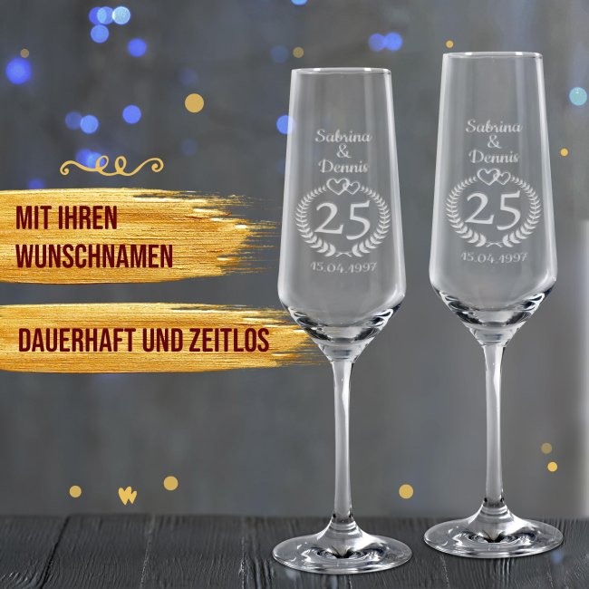 Sektglas mit Gravur zur Silberhochzeit - mit Namen und Datum