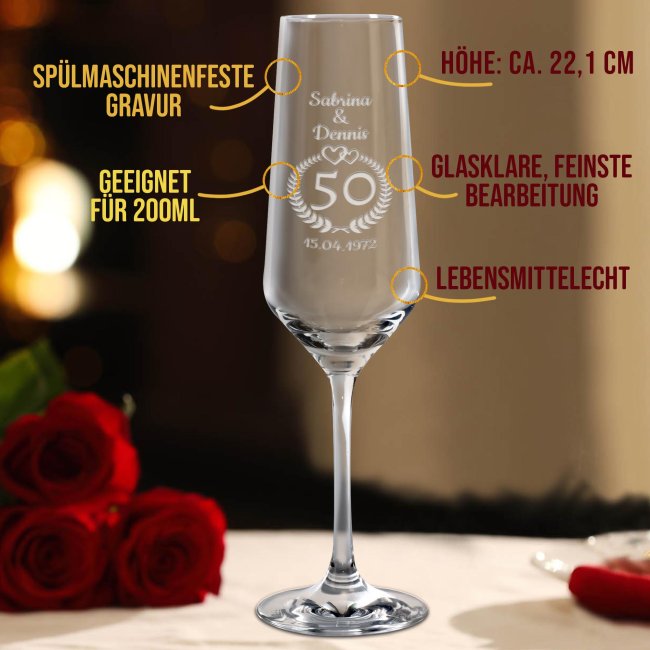 Sektglas mit Gravur - Goldene Hochzeit - mit Namen und Datum