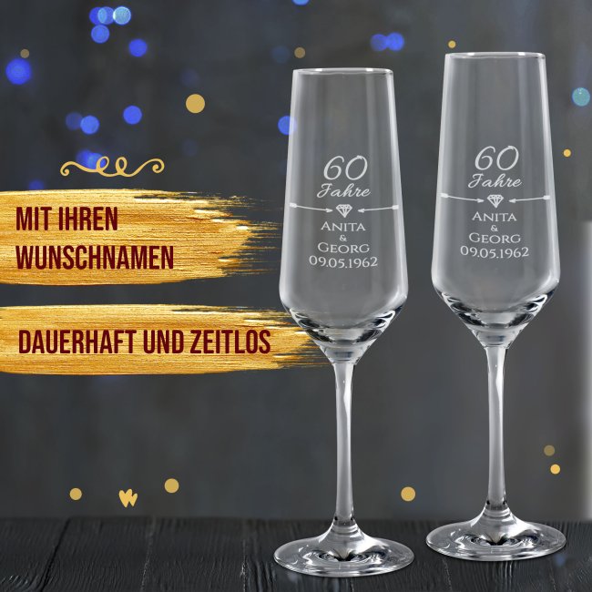 Sektglas mit Gravur - Diamantene Hochzeit - 60. Hochzeitstag - mit Namen