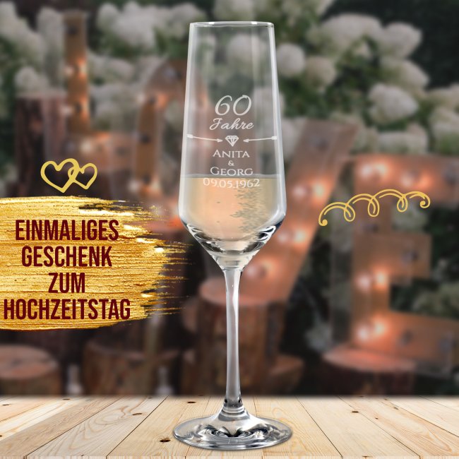 Sektglas mit Gravur - Diamantene Hochzeit - 60. Hochzeitstag - mit Namen