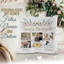 Kissen zum Hochzeitstag mit Fotocollage, Namen und Datum