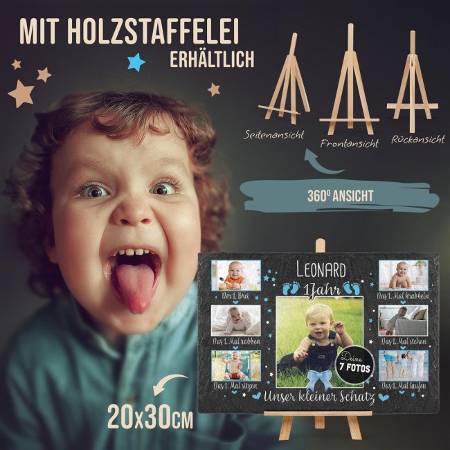 Schiefertafel mit Fotos - 1. Geburtstag - f&uuml;r Jungen, 20 x 30 cm - mit Staffelei